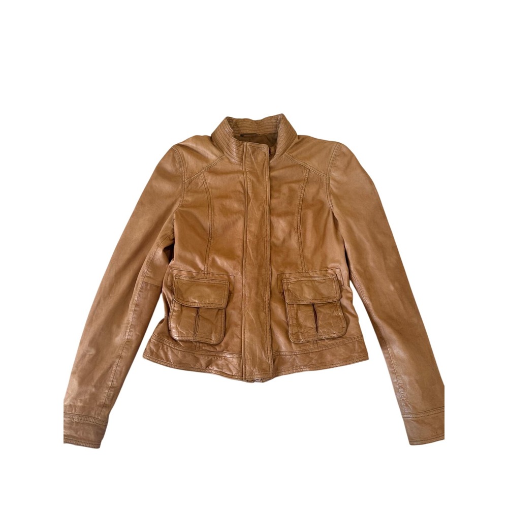 ⁠Lucky Brand Lamb Leather Jacket Womens M Tan Brown Moto Bomber Utility Coat⁠